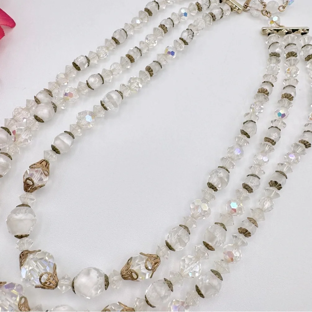 Vintage Givre Glass AB Crystal Bead Triple Strand Necklace Filigree Romantic - Picture 9 of 15